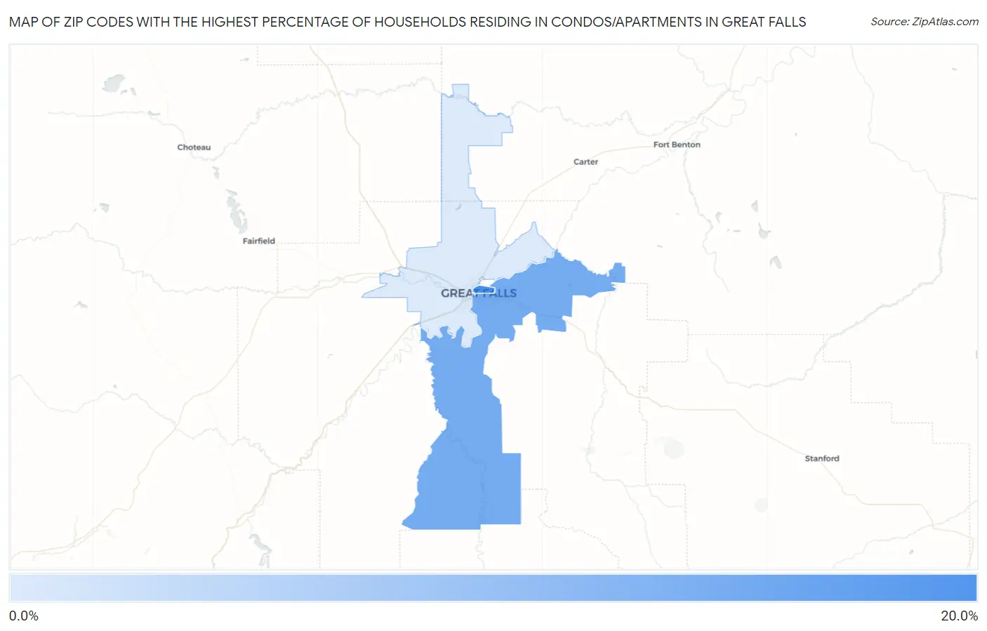 Zip Codes with the Highest Percentage of Households Residing in Condos/Apartments in Great Falls Map