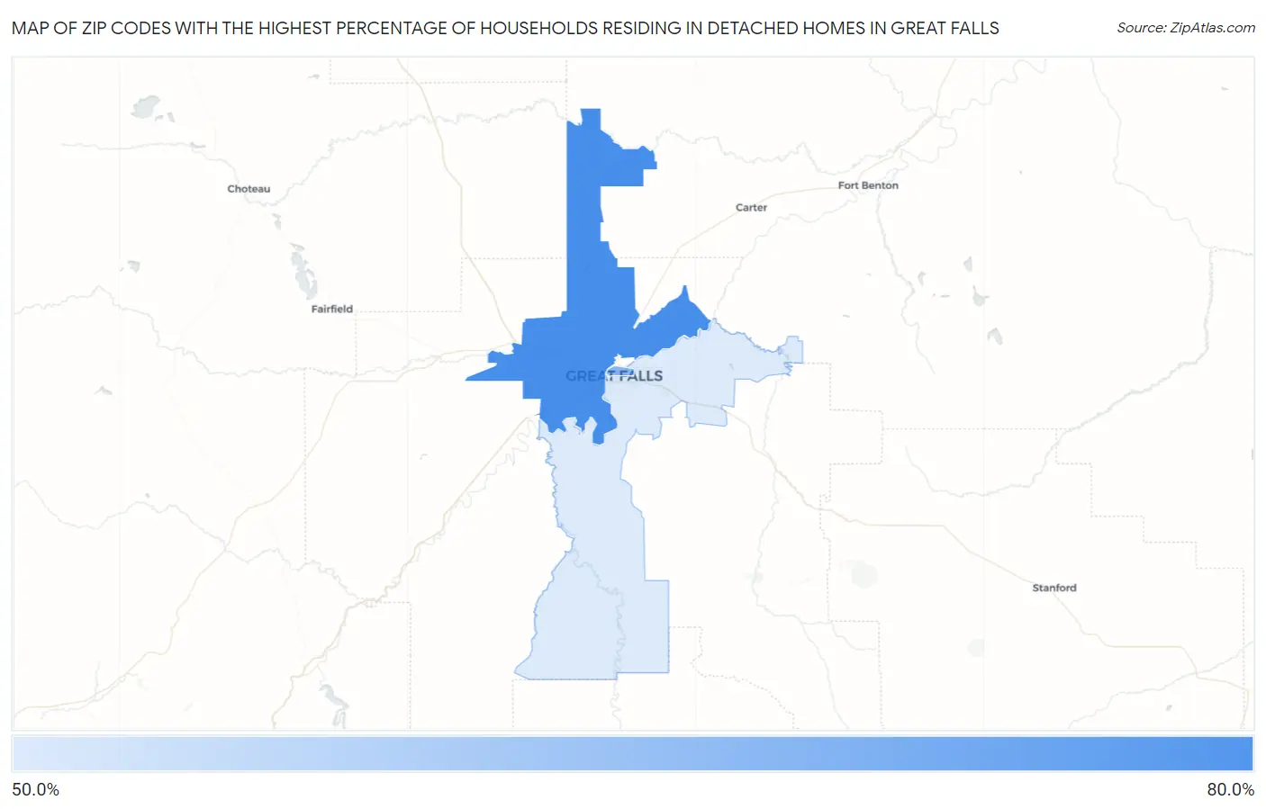 Zip Codes with the Highest Percentage of Households Residing in Detached Homes in Great Falls Map