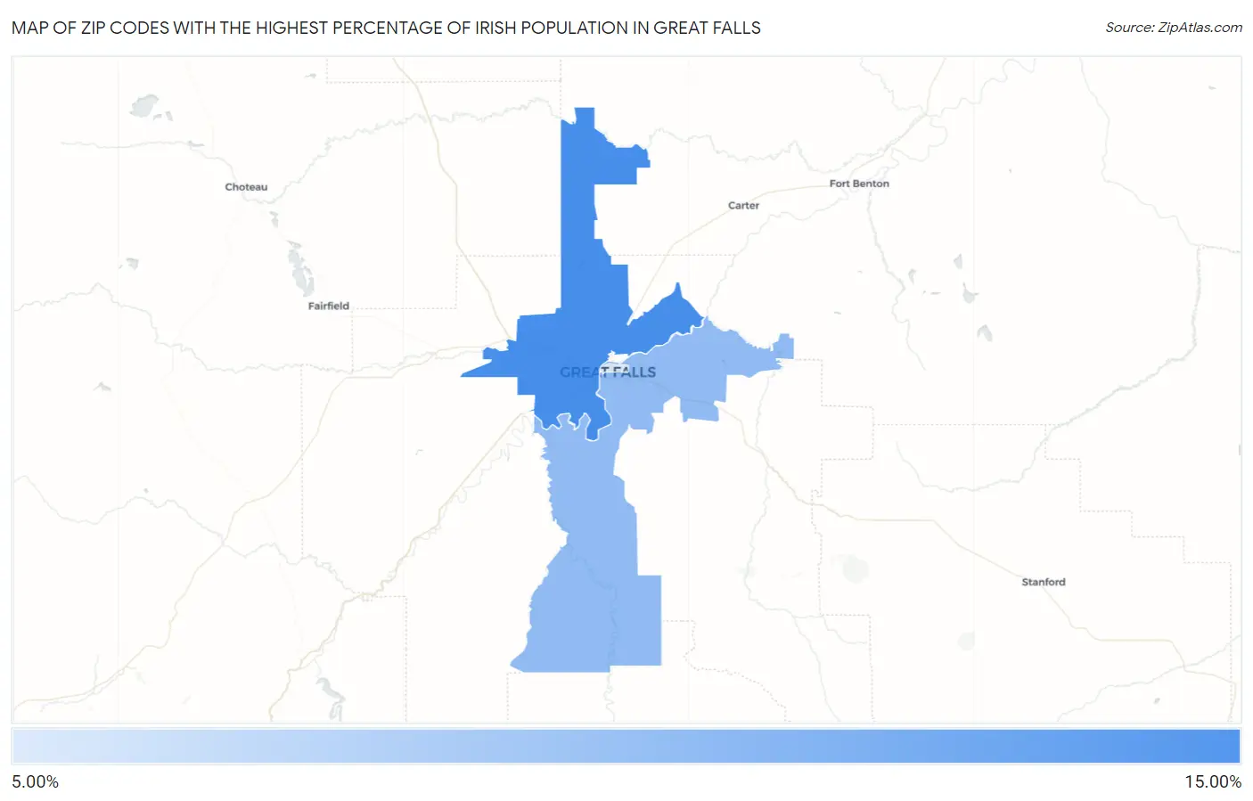 Zip Codes with the Highest Percentage of Irish Population in Great Falls Map