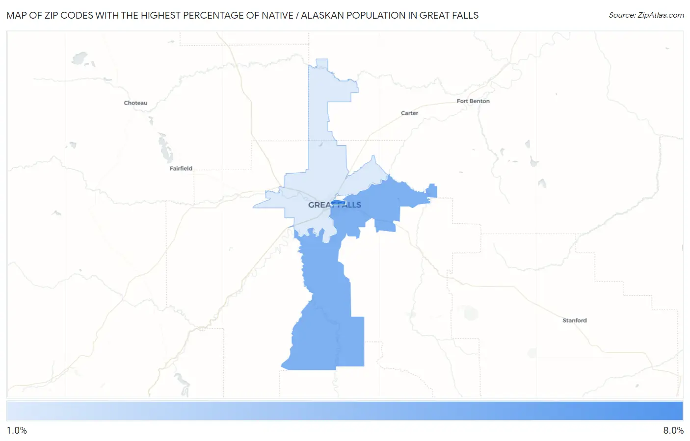 Zip Codes with the Highest Percentage of Native / Alaskan Population in Great Falls Map