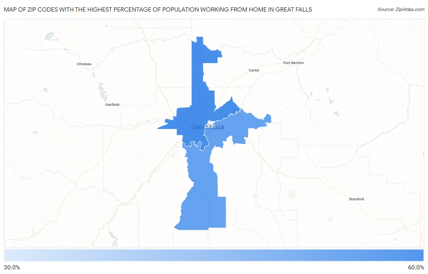 Zip Codes with the Highest Percentage of Population Working from Home in Great Falls Map