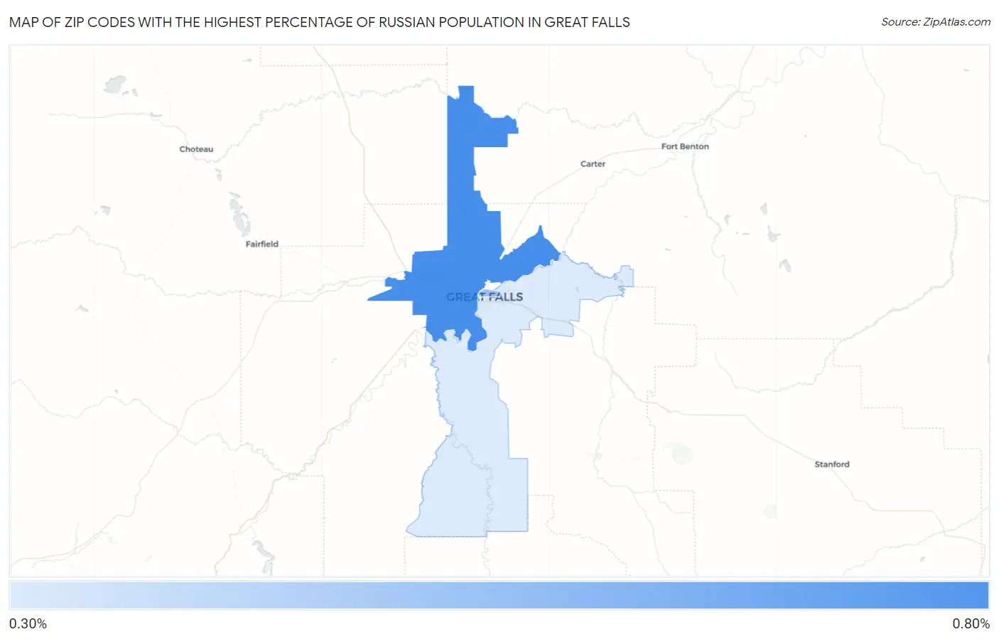 Zip Codes with the Highest Percentage of Russian Population in Great Falls Map