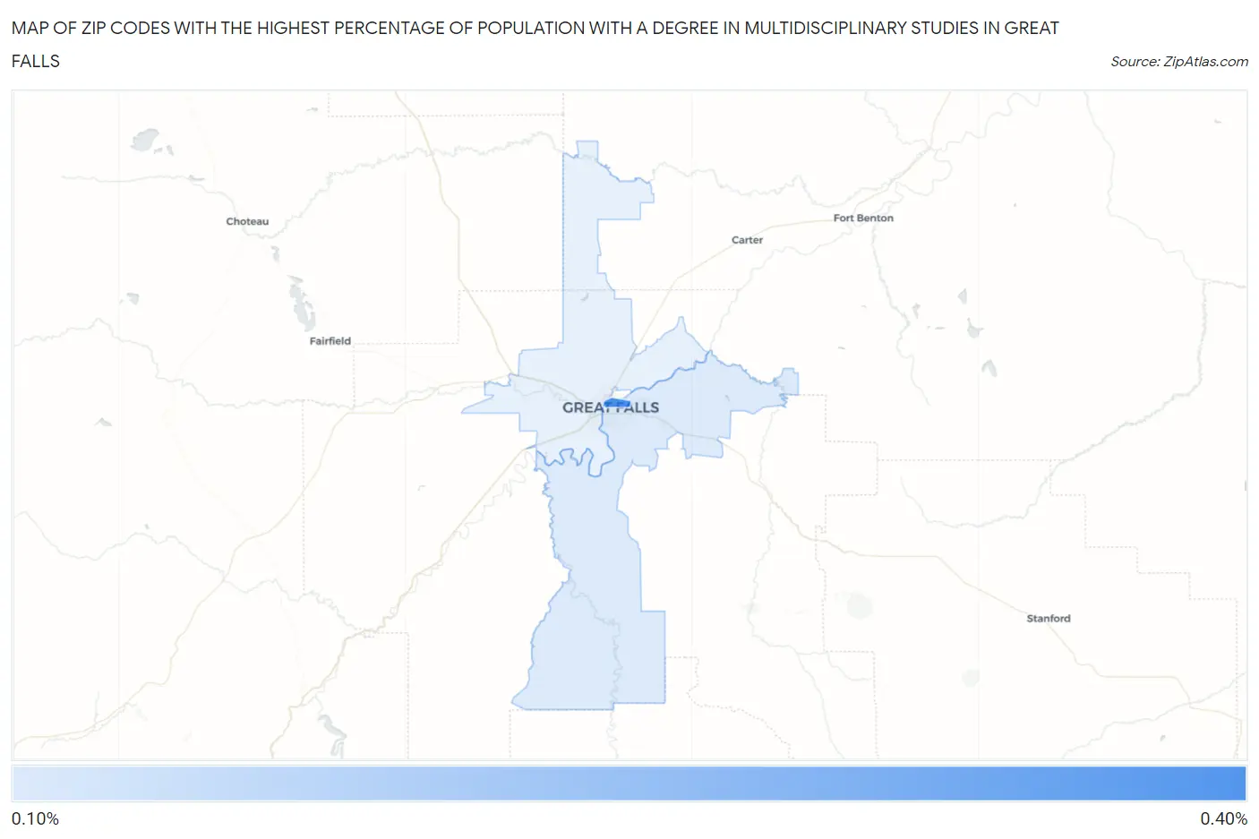 Zip Codes with the Highest Percentage of Population with a Degree in Multidisciplinary Studies in Great Falls Map