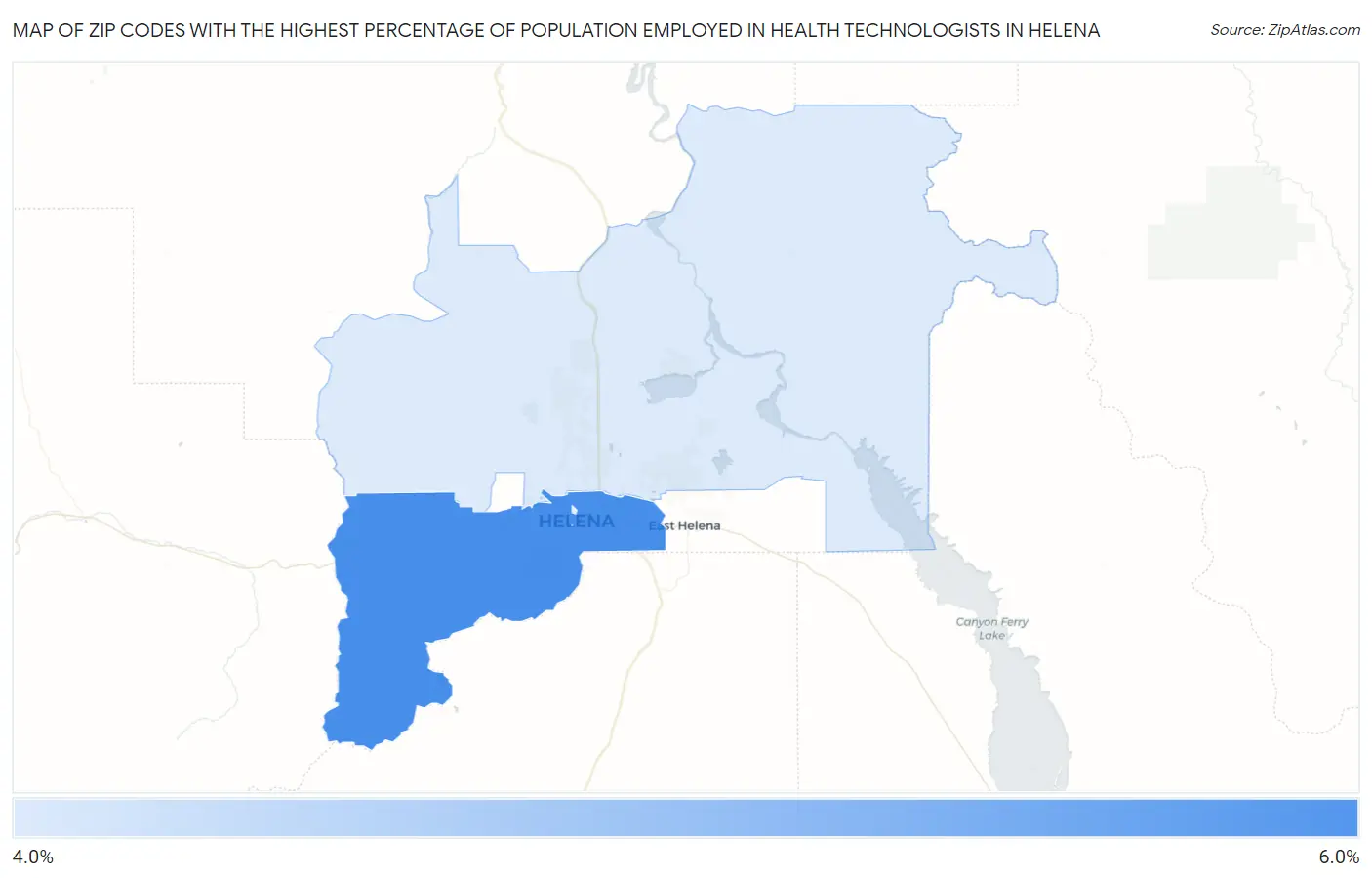 Zip Codes with the Highest Percentage of Population Employed in Health Technologists in Helena Map