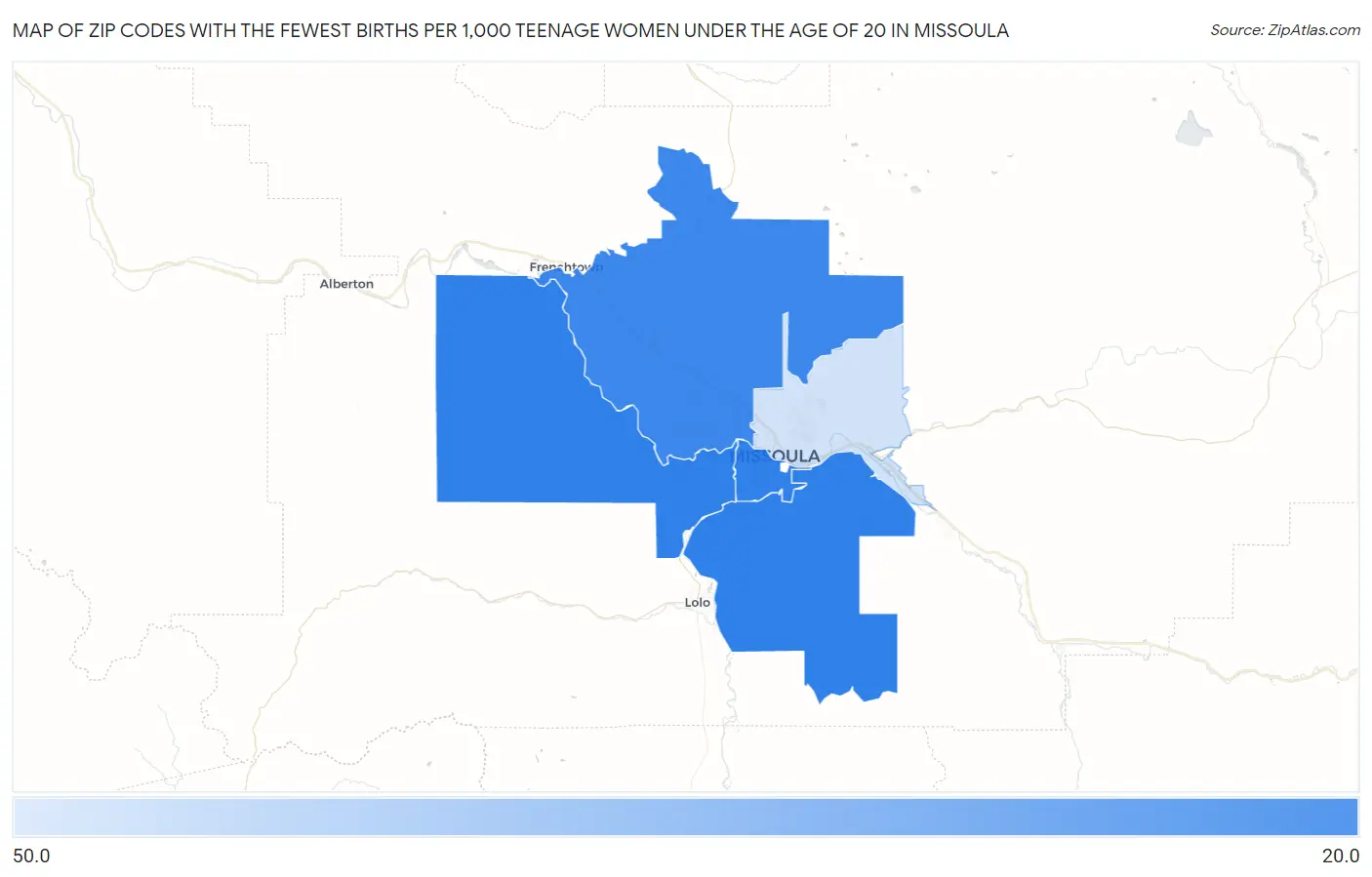 Zip Codes with the Fewest Births per 1,000 Teenage Women Under the Age of 20 in Missoula Map