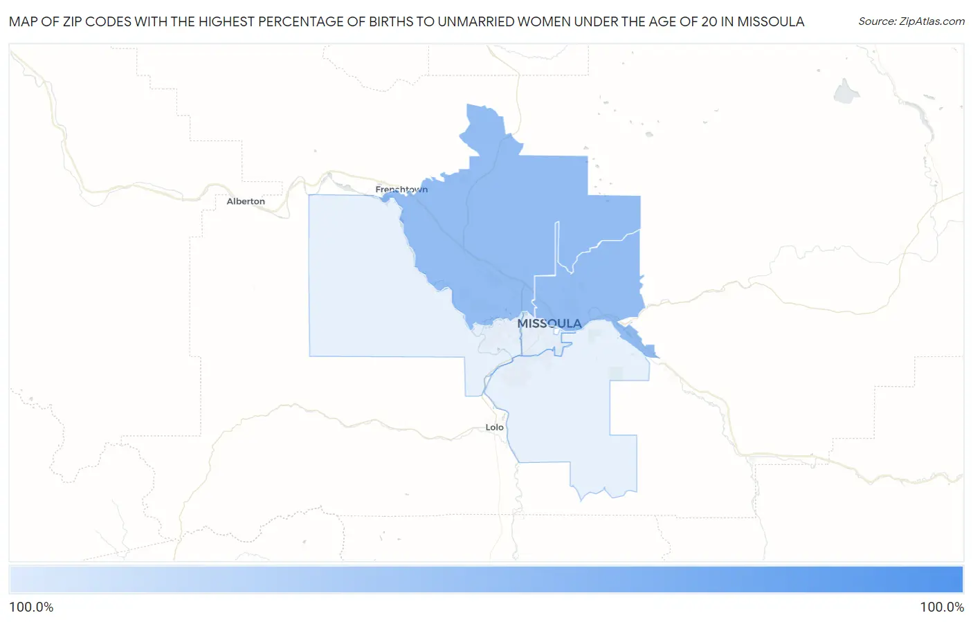 Zip Codes with the Highest Percentage of Births to Unmarried Women under the Age of 20 in Missoula Map