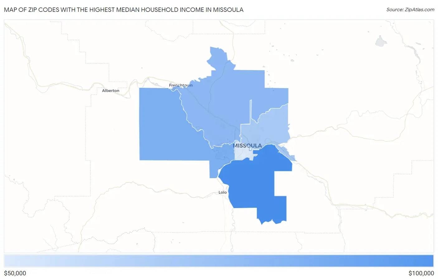 Zip Codes with the Highest Median Household Income in Missoula Map