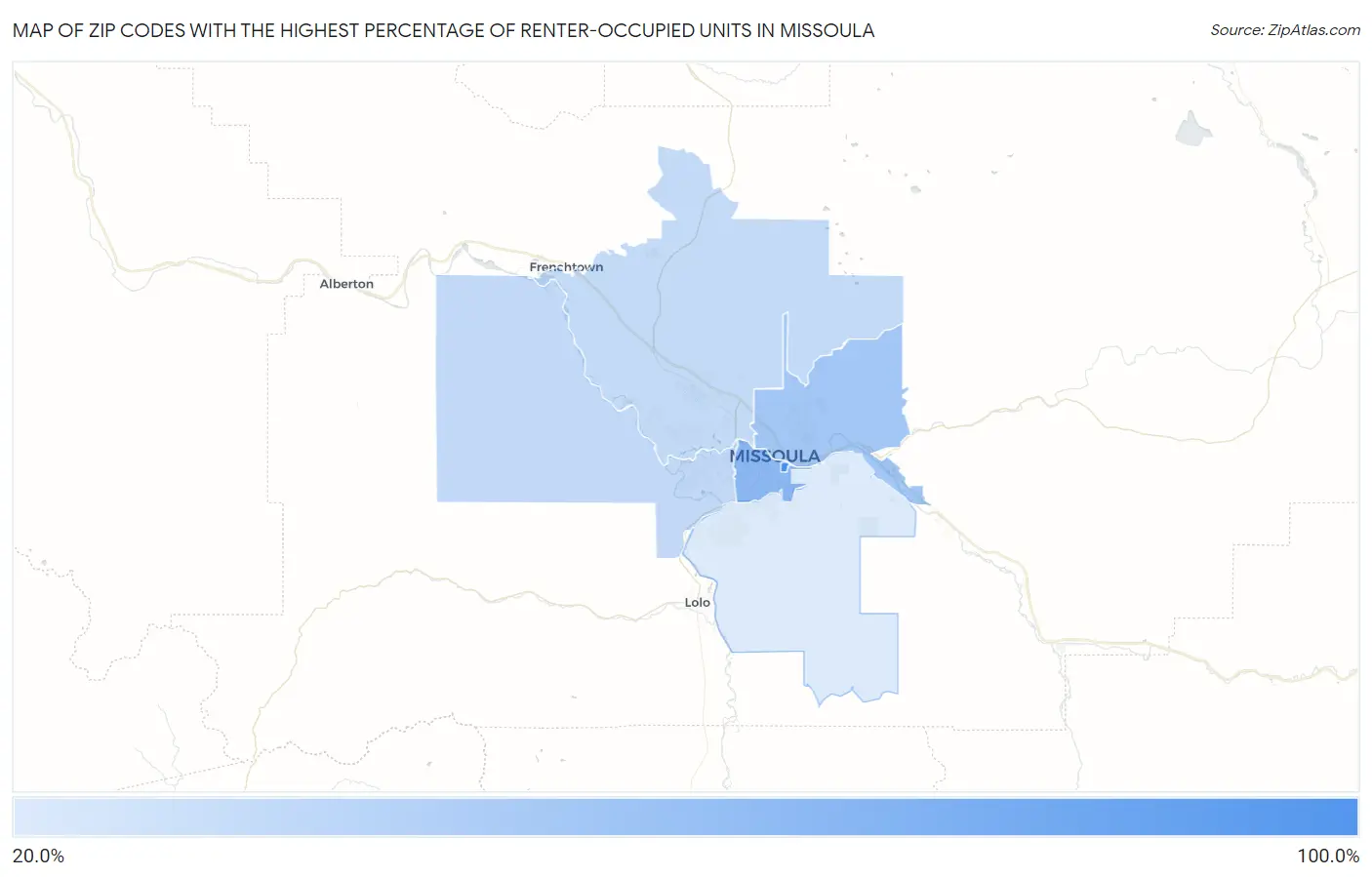 Zip Codes with the Highest Percentage of Renter-Occupied Units in Missoula Map