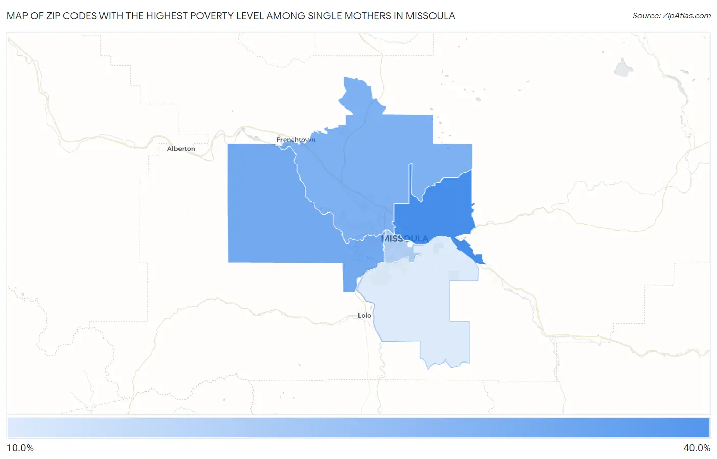 Zip Codes with the Highest Poverty Level Among Single Mothers in Missoula Map