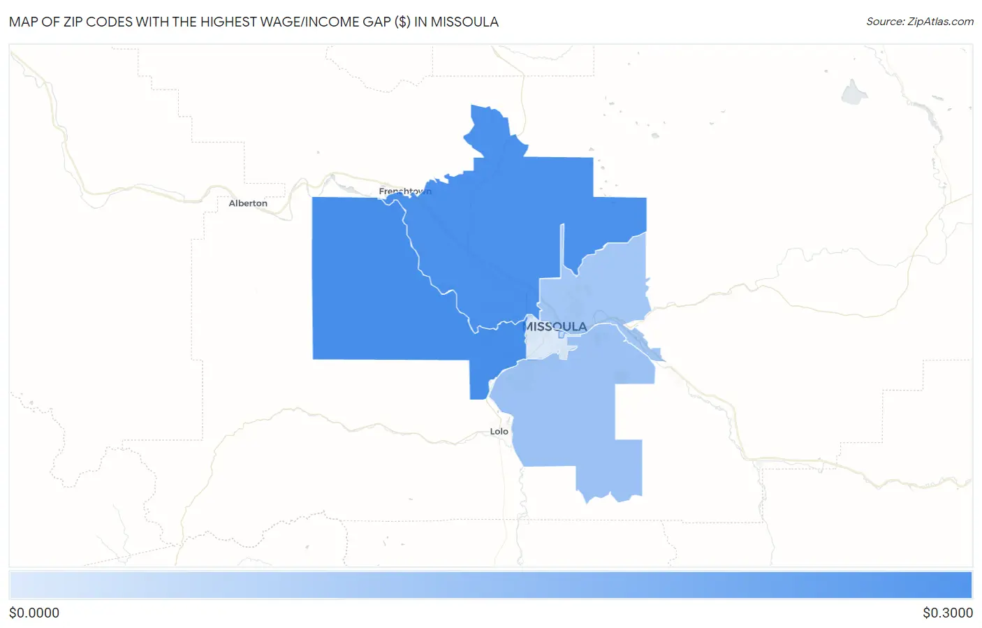 Zip Codes with the Highest Wage/Income Gap ($) in Missoula Map