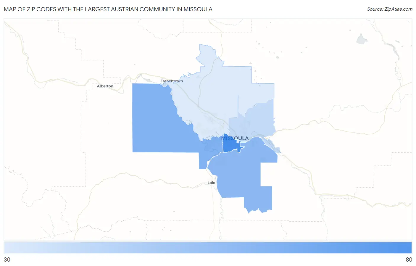 Zip Codes with the Largest Austrian Community in Missoula Map