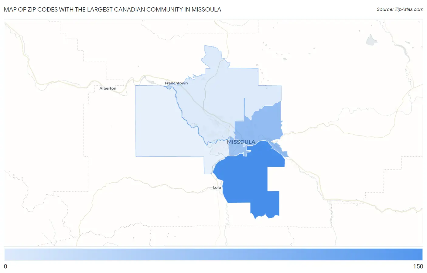 Zip Codes with the Largest Canadian Community in Missoula Map