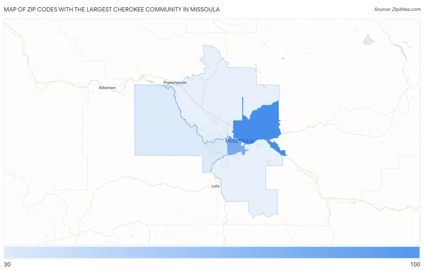 Zip Codes with the Largest Cherokee Community in Missoula Map