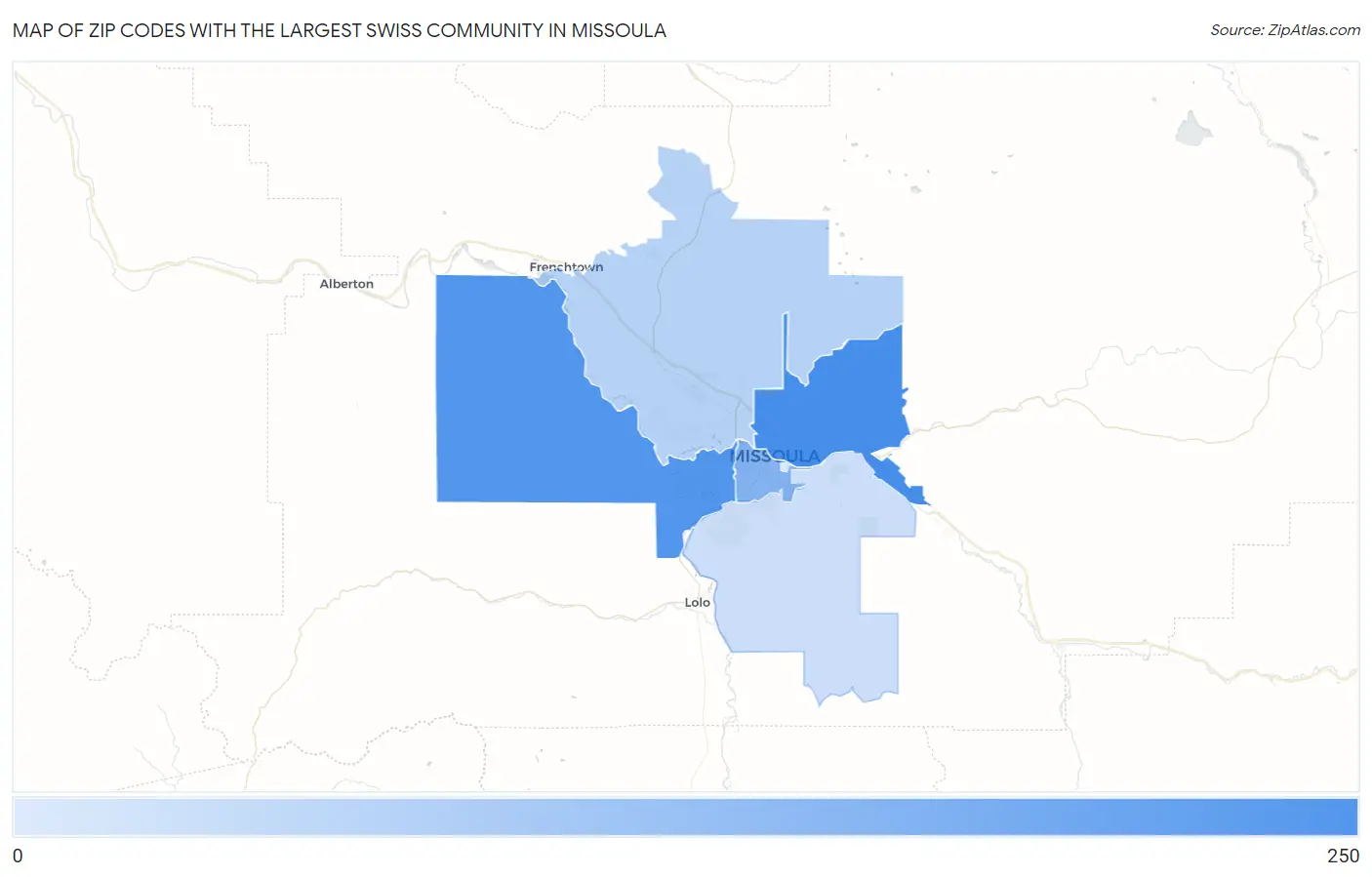 Zip Codes with the Largest Swiss Community in Missoula Map