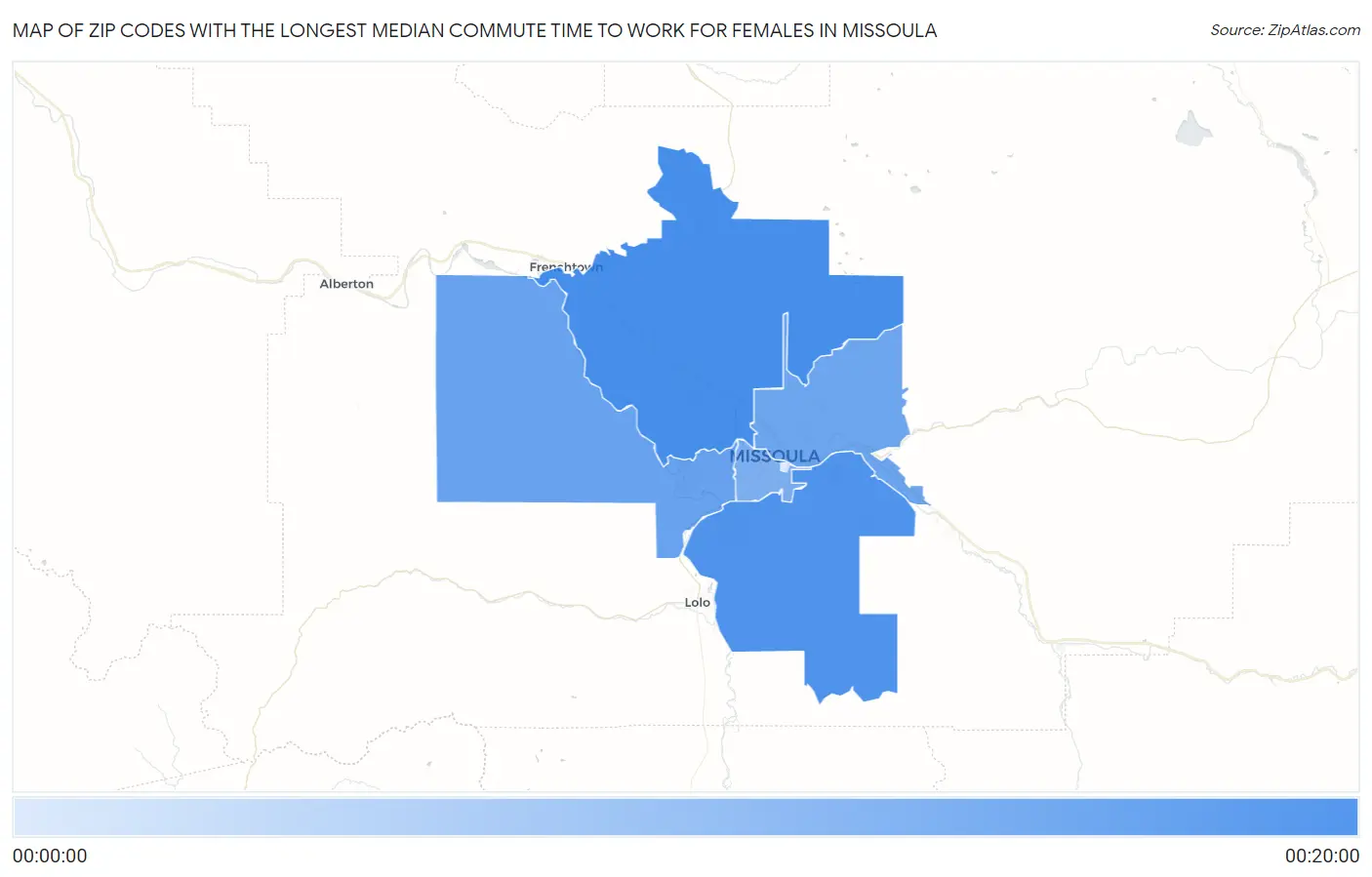 Zip Codes with the Longest Median Commute Time to Work for Females in Missoula Map