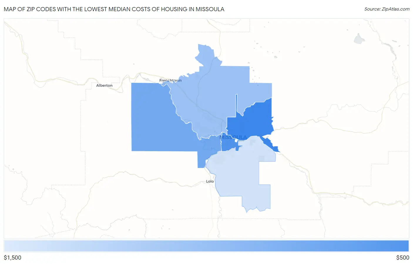 Zip Codes with the Lowest Median Costs of Housing in Missoula Map
