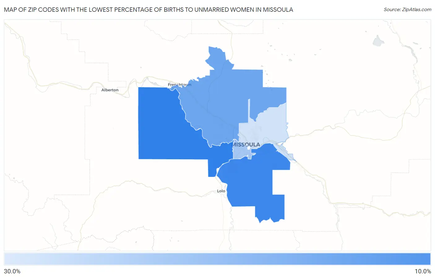 Zip Codes with the Lowest Percentage of Births to Unmarried Women in Missoula Map