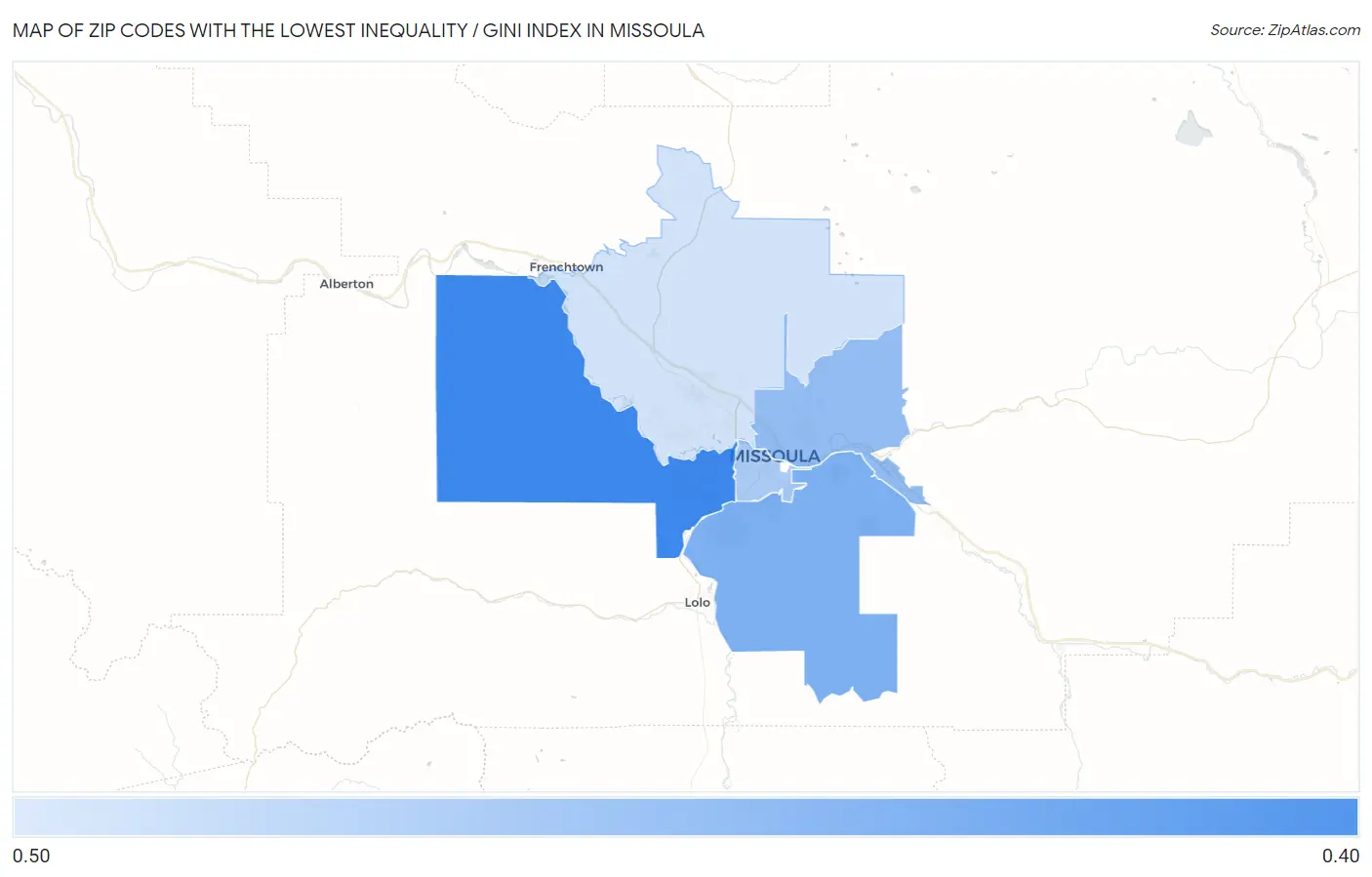 Zip Codes with the Lowest Inequality / Gini Index in Missoula Map