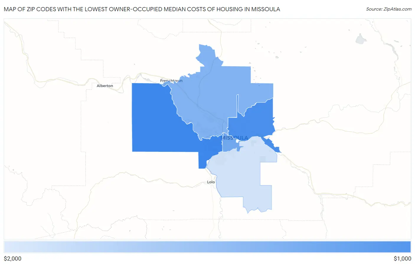 Zip Codes with the Lowest Owner-Occupied Median Costs of Housing in Missoula Map