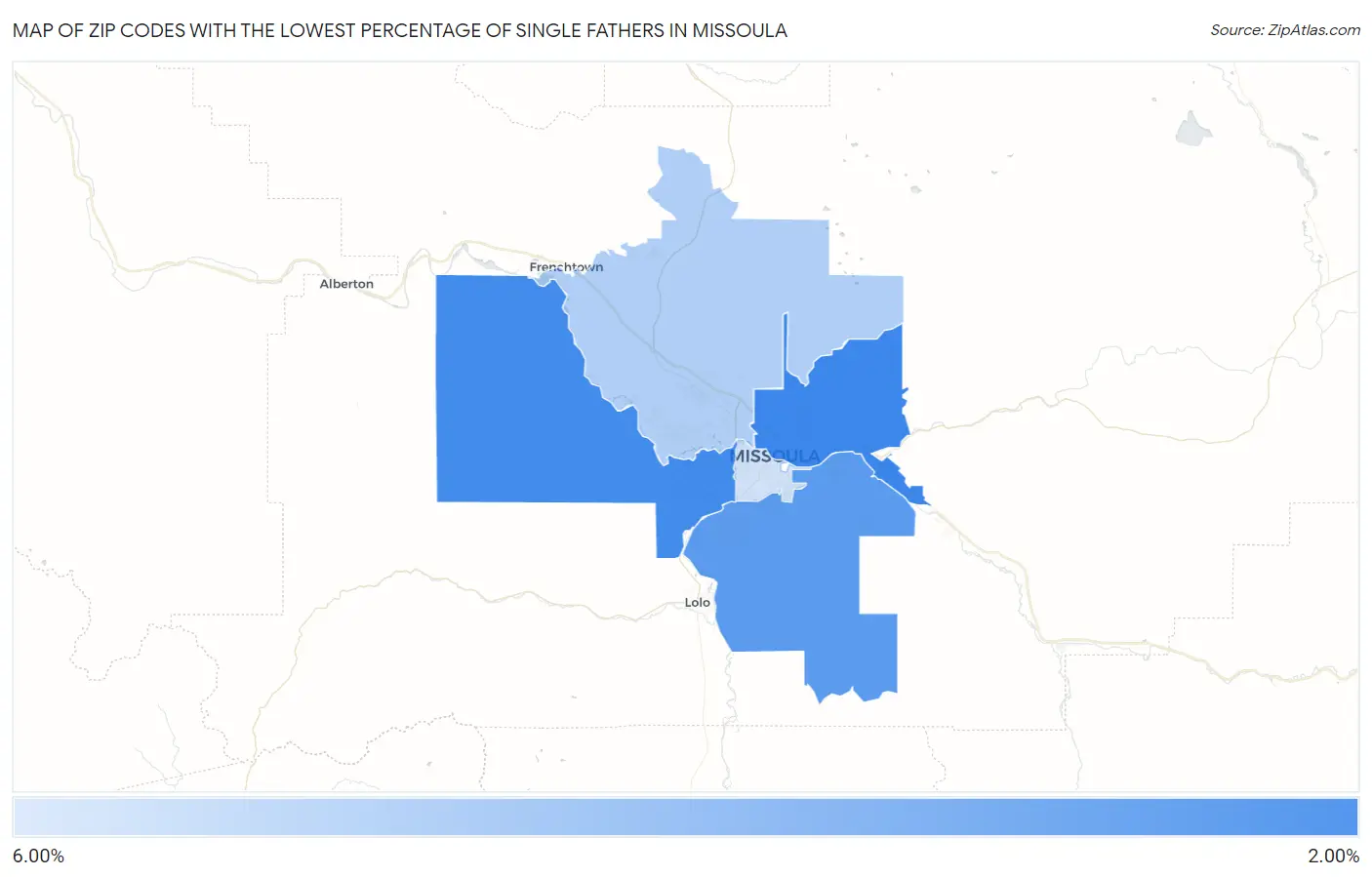 Zip Codes with the Lowest Percentage of Single Fathers in Missoula Map