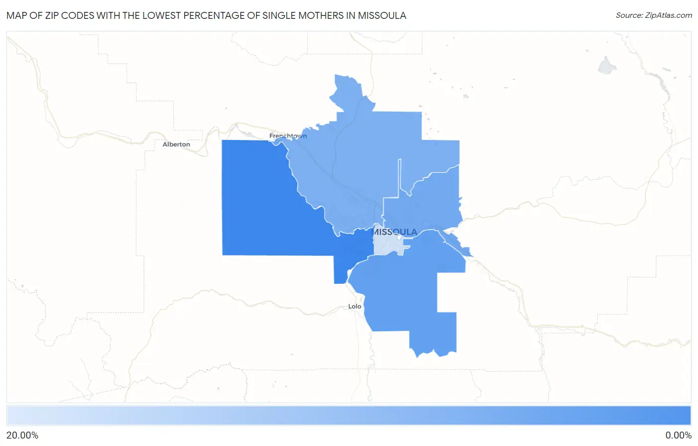 Zip Codes with the Lowest Percentage of Single Mothers in Missoula Map