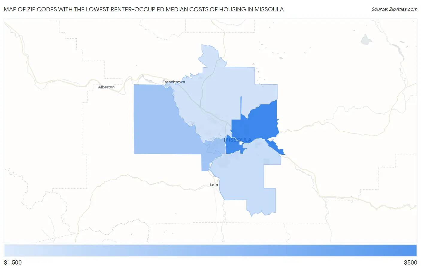 Zip Codes with the Lowest Renter-Occupied Median Costs of Housing in Missoula Map