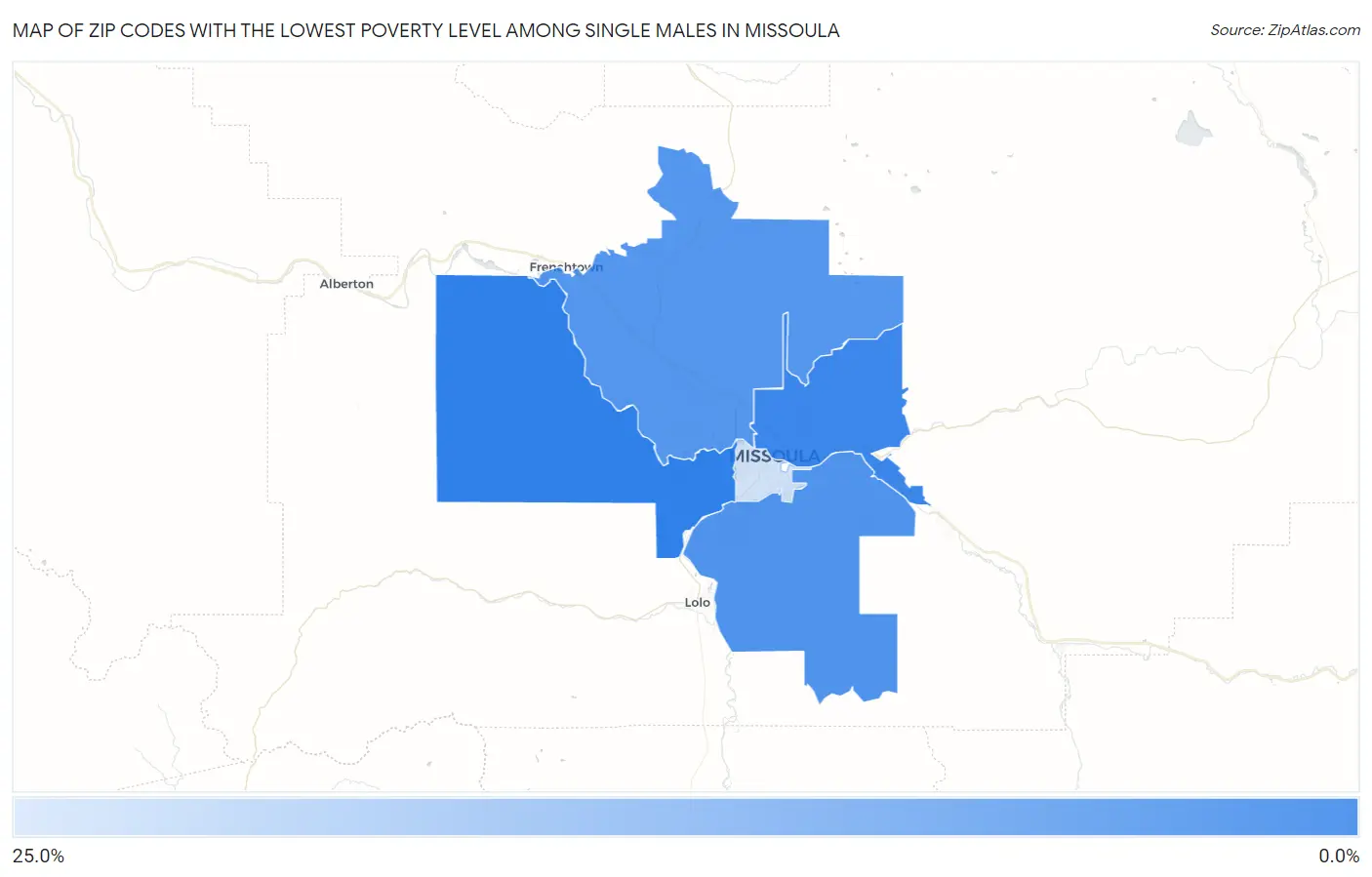 Zip Codes with the Lowest Poverty Level Among Single Males in Missoula Map