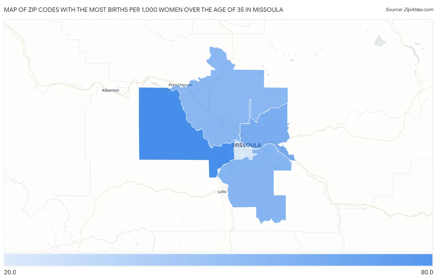 Zip Codes with the Most Births per 1,000 Women Over the Age of 35 in Missoula Map