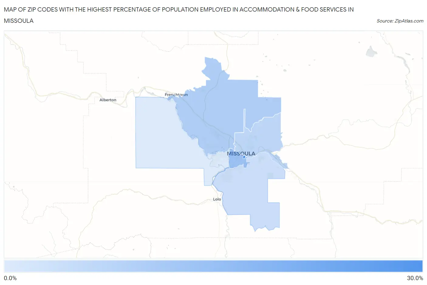 Zip Codes with the Highest Percentage of Population Employed in Accommodation & Food Services in Missoula Map