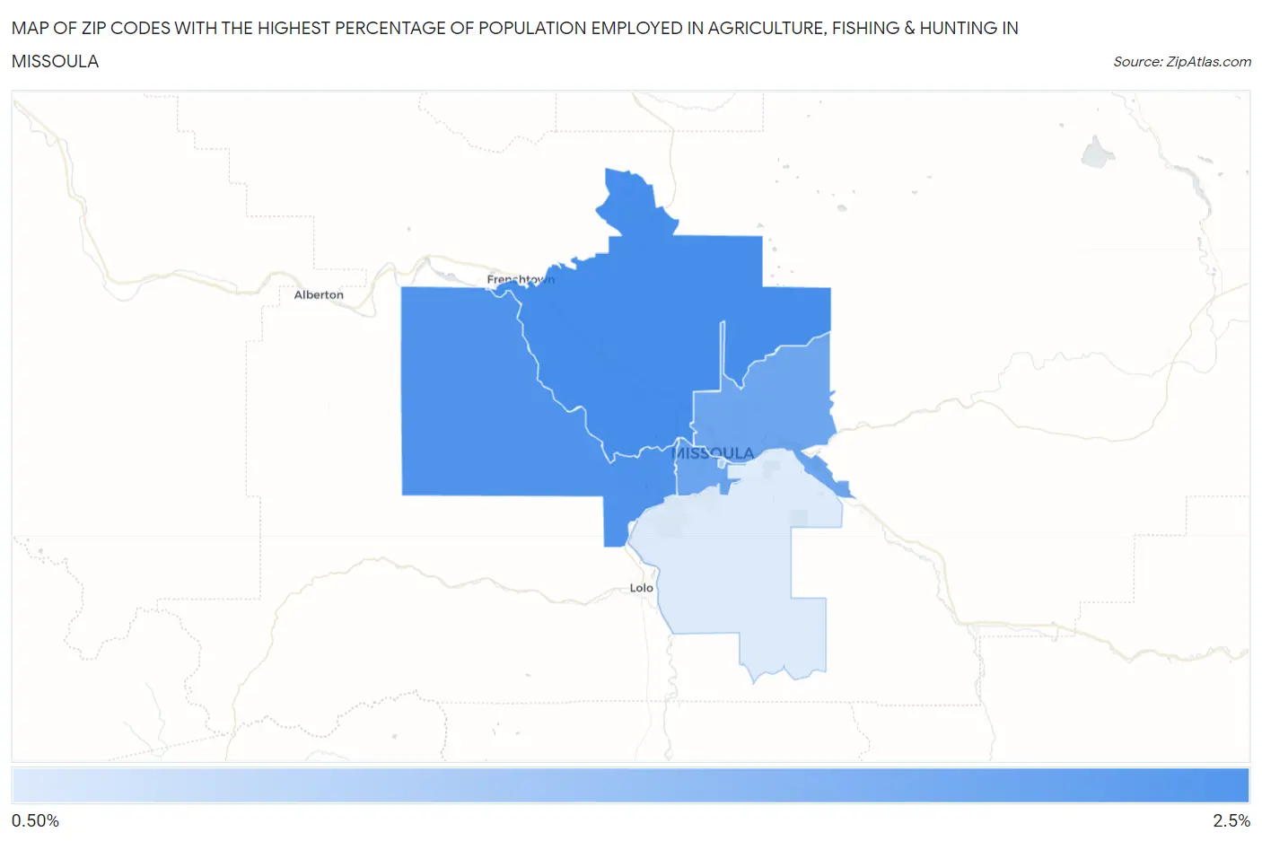Zip Codes with the Highest Percentage of Population Employed in Agriculture, Fishing & Hunting in Missoula Map