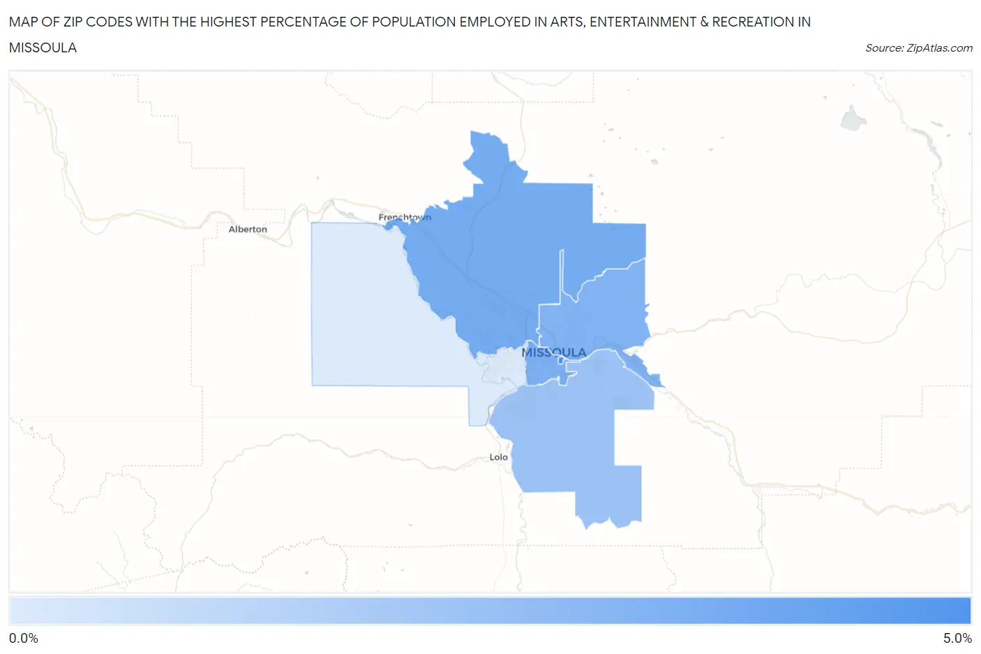 Zip Codes with the Highest Percentage of Population Employed in Arts, Entertainment & Recreation in Missoula Map
