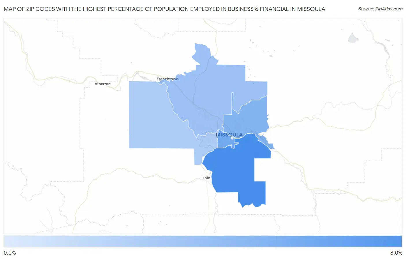 Zip Codes with the Highest Percentage of Population Employed in Business & Financial in Missoula Map