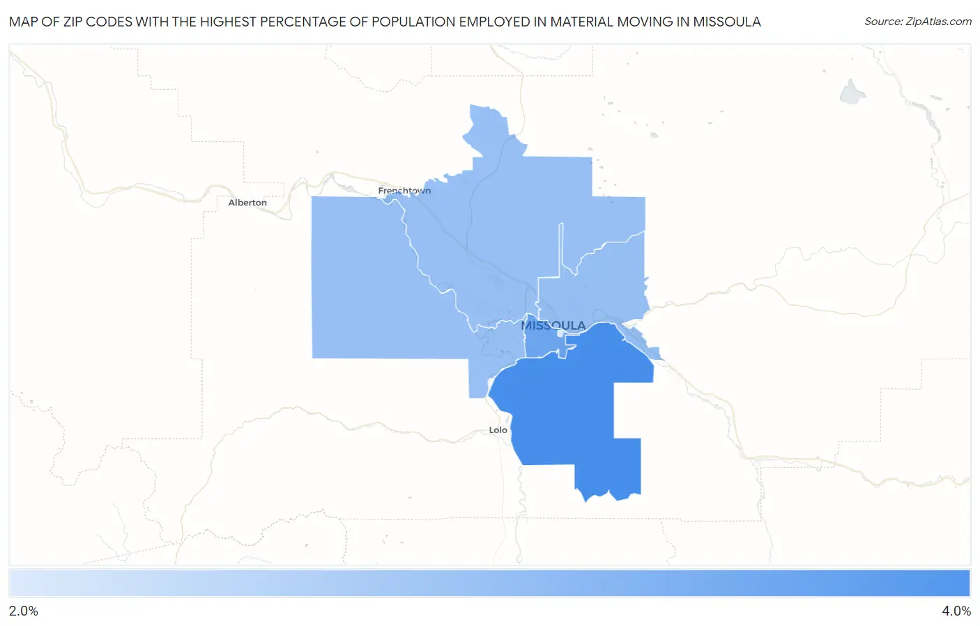 Zip Codes with the Highest Percentage of Population Employed in Material Moving in Missoula Map