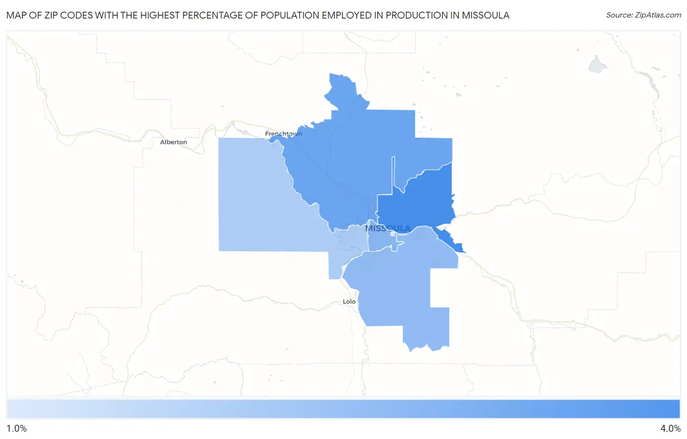 Zip Codes with the Highest Percentage of Population Employed in Production in Missoula Map