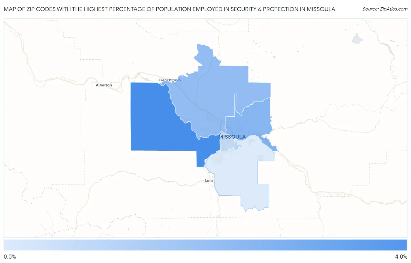 Zip Codes with the Highest Percentage of Population Employed in Security & Protection in Missoula Map