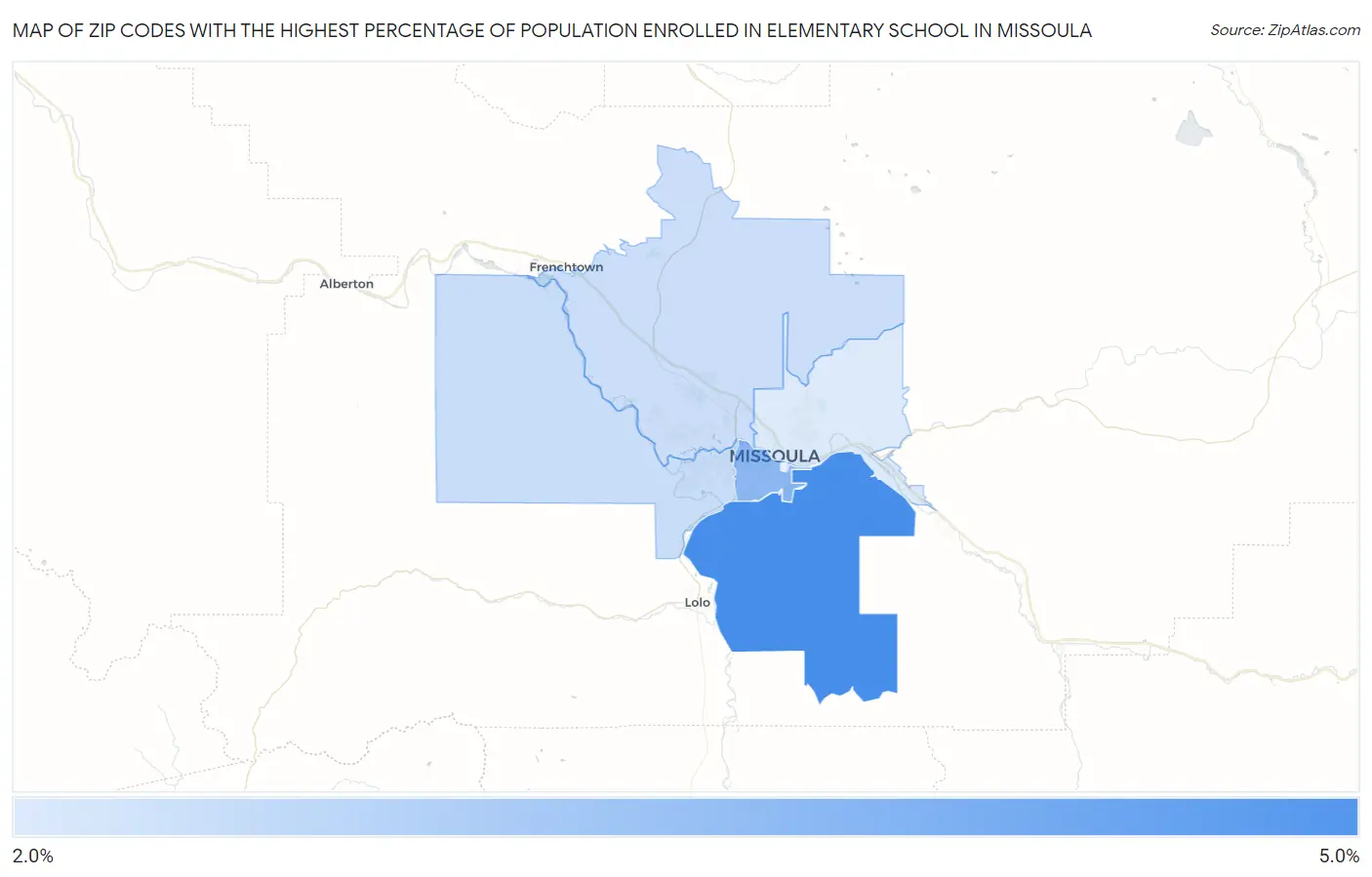 Zip Codes with the Highest Percentage of Population Enrolled in Elementary School in Missoula Map