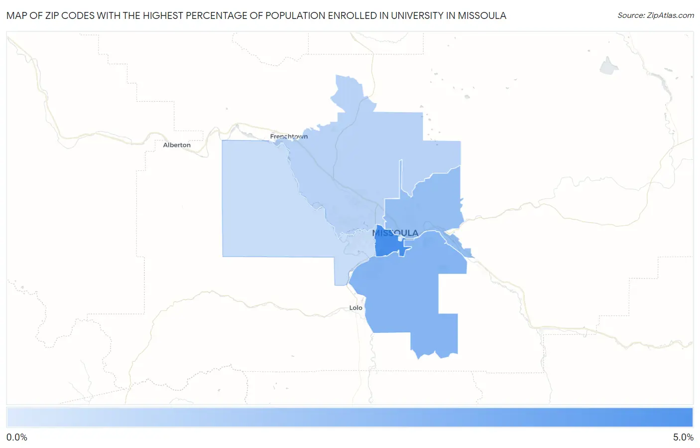Zip Codes with the Highest Percentage of Population Enrolled in University in Missoula Map