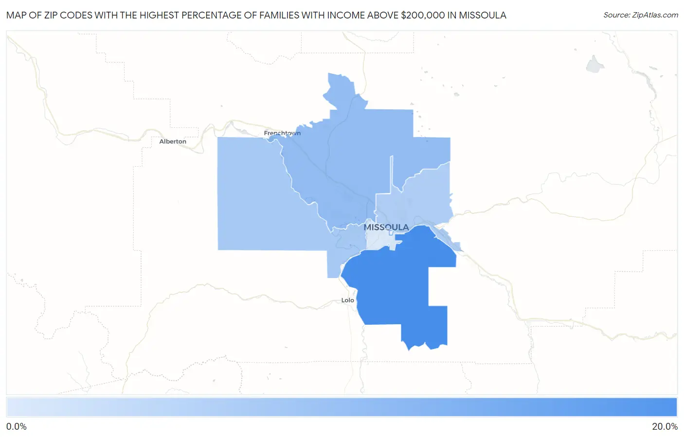 Zip Codes with the Highest Percentage of Families with Income Above $200,000 in Missoula Map