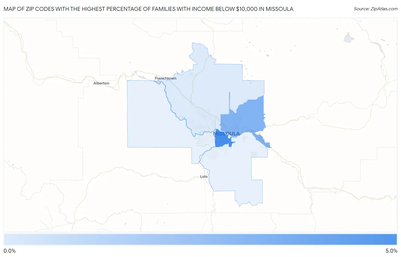 Zip Codes with the Highest Percentage of Families with Income Below $10,000 in Missoula Map