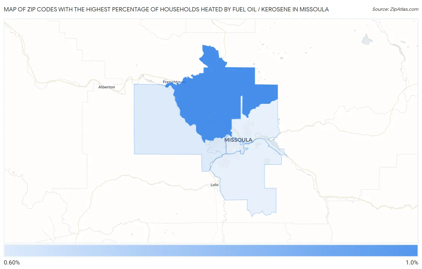 Zip Codes with the Highest Percentage of Households Heated by Fuel Oil / Kerosene in Missoula Map