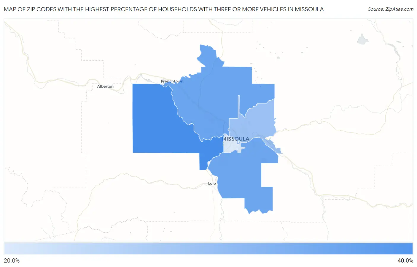 Zip Codes with the Highest Percentage of Households With Three or more Vehicles in Missoula Map