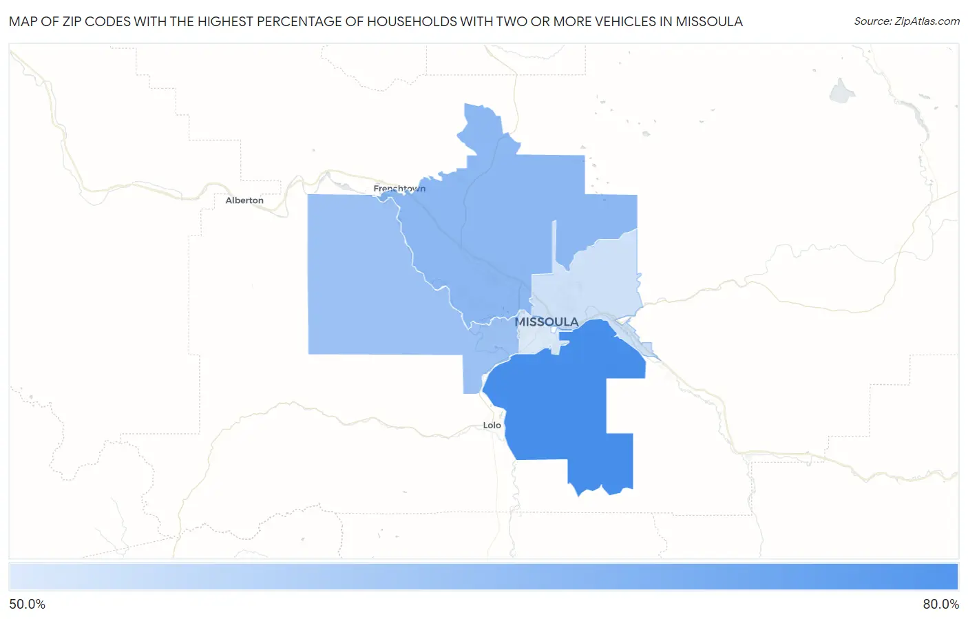 Zip Codes with the Highest Percentage of Households With Two or more Vehicles in Missoula Map