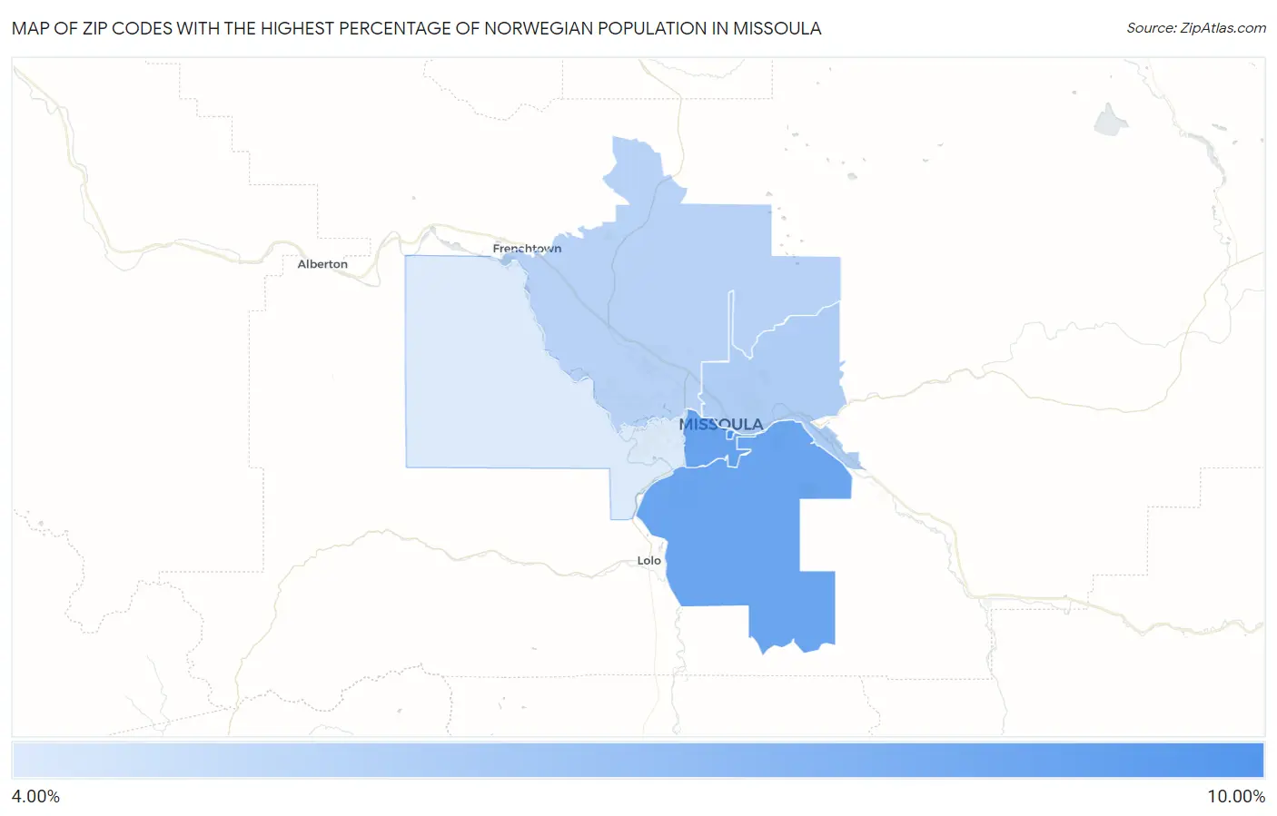 Zip Codes with the Highest Percentage of Norwegian Population in Missoula Map