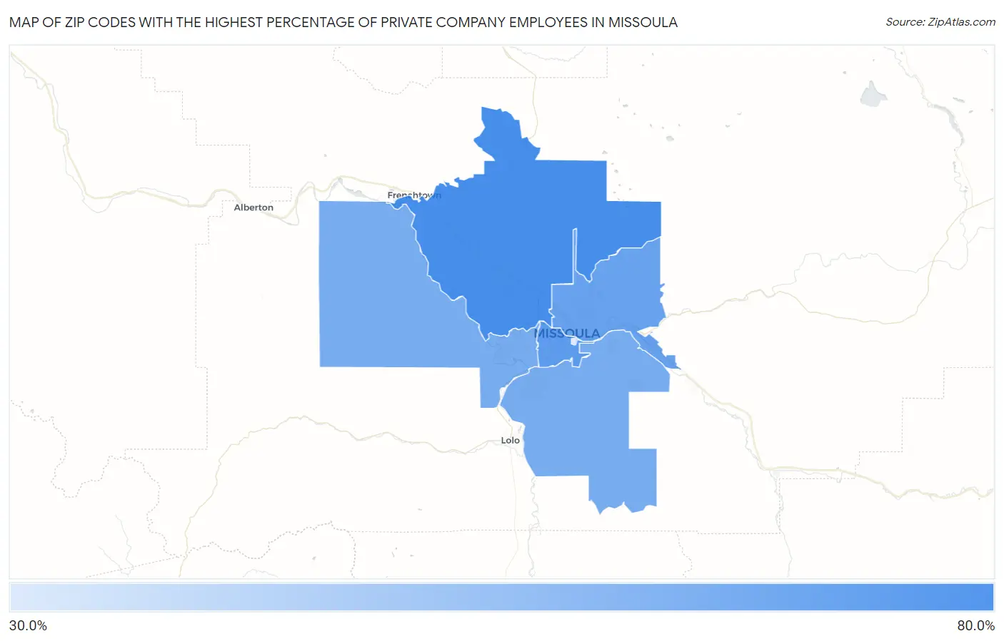 Zip Codes with the Highest Percentage of Private Company Employees in Missoula Map