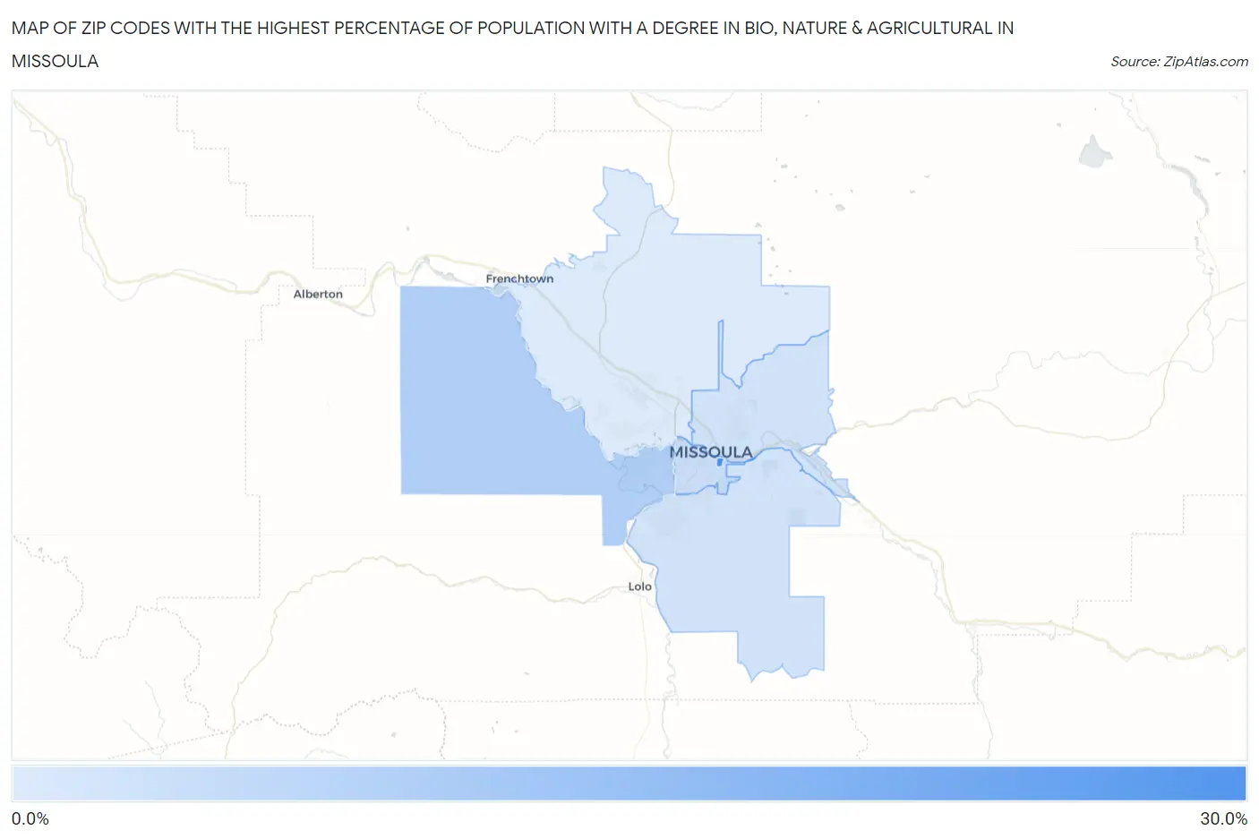 Zip Codes with the Highest Percentage of Population with a Degree in Bio, Nature & Agricultural in Missoula Map