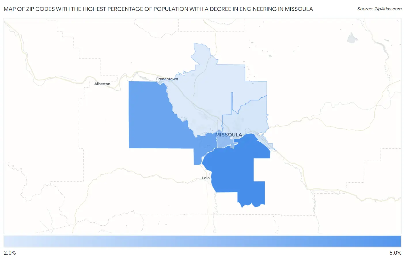 Zip Codes with the Highest Percentage of Population with a Degree in Engineering in Missoula Map
