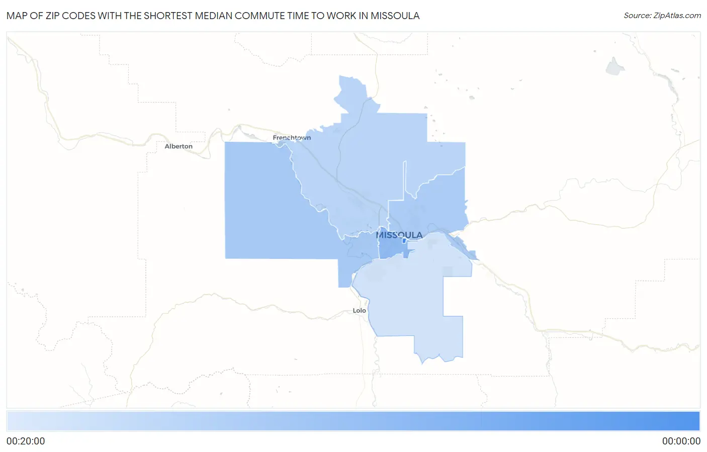 Zip Codes with the Shortest Median Commute Time to Work in Missoula Map