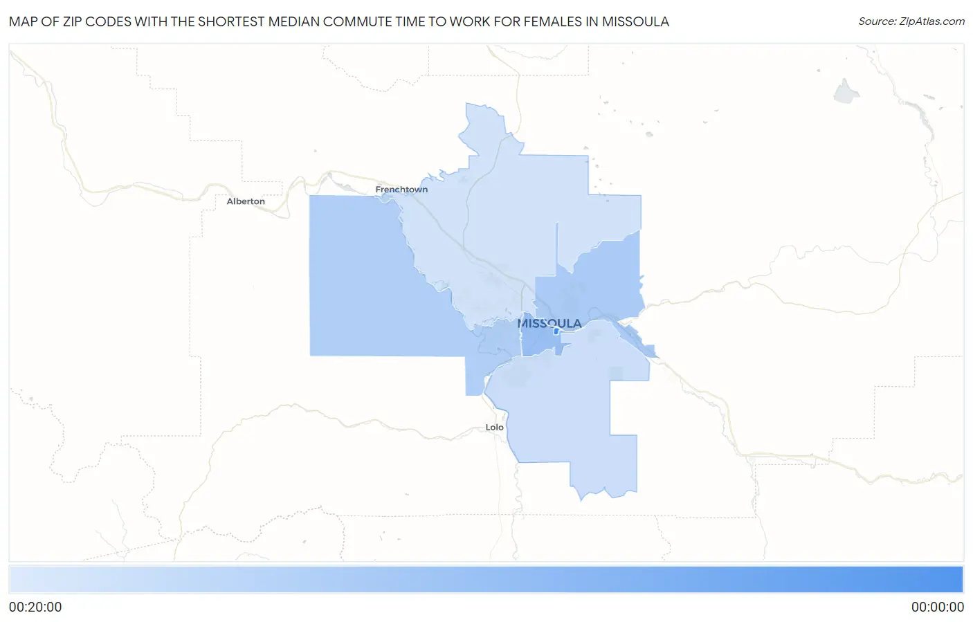 Zip Codes with the Shortest Median Commute Time to Work for Females in Missoula Map