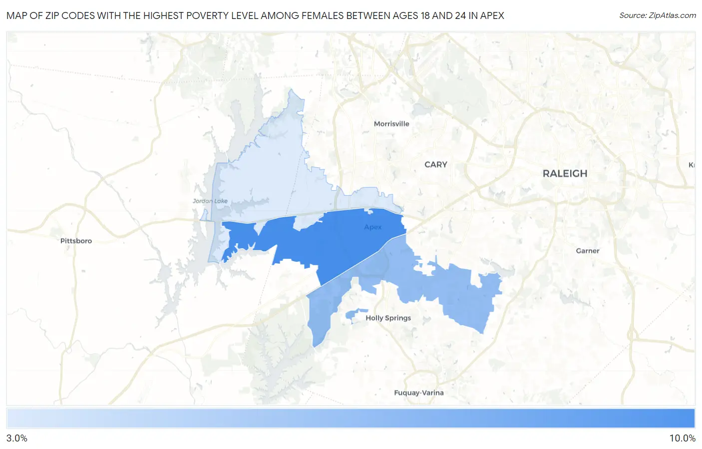 Zip Codes with the Highest Poverty Level Among Females Between Ages 18 and 24 in Apex Map