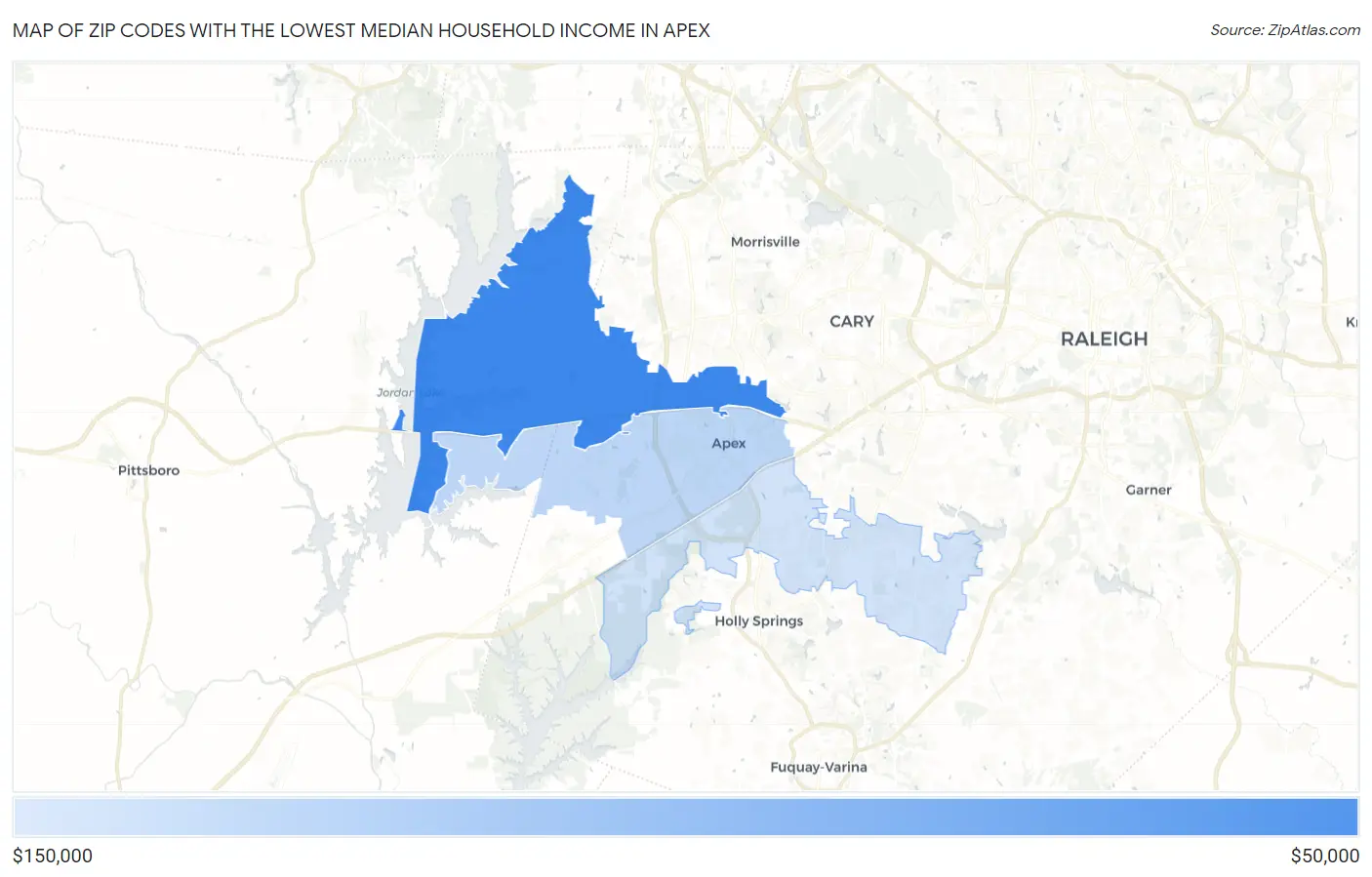 Zip Codes with the Lowest Median Household Income in Apex Map